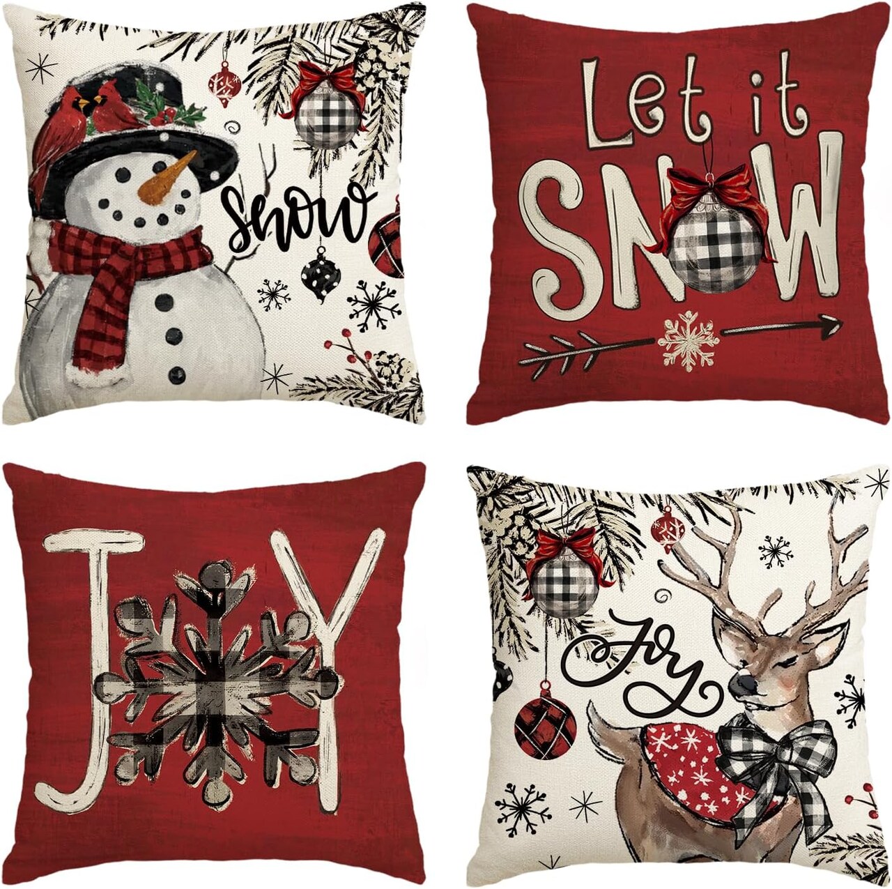 Joy Christmas Let It Snow Snowman Reindeer Throw Pillow Covers, 18 x 18 Inch Xmas Snowflake Winter Holiday Cushion Case Decoration for Sofa Couch Set of